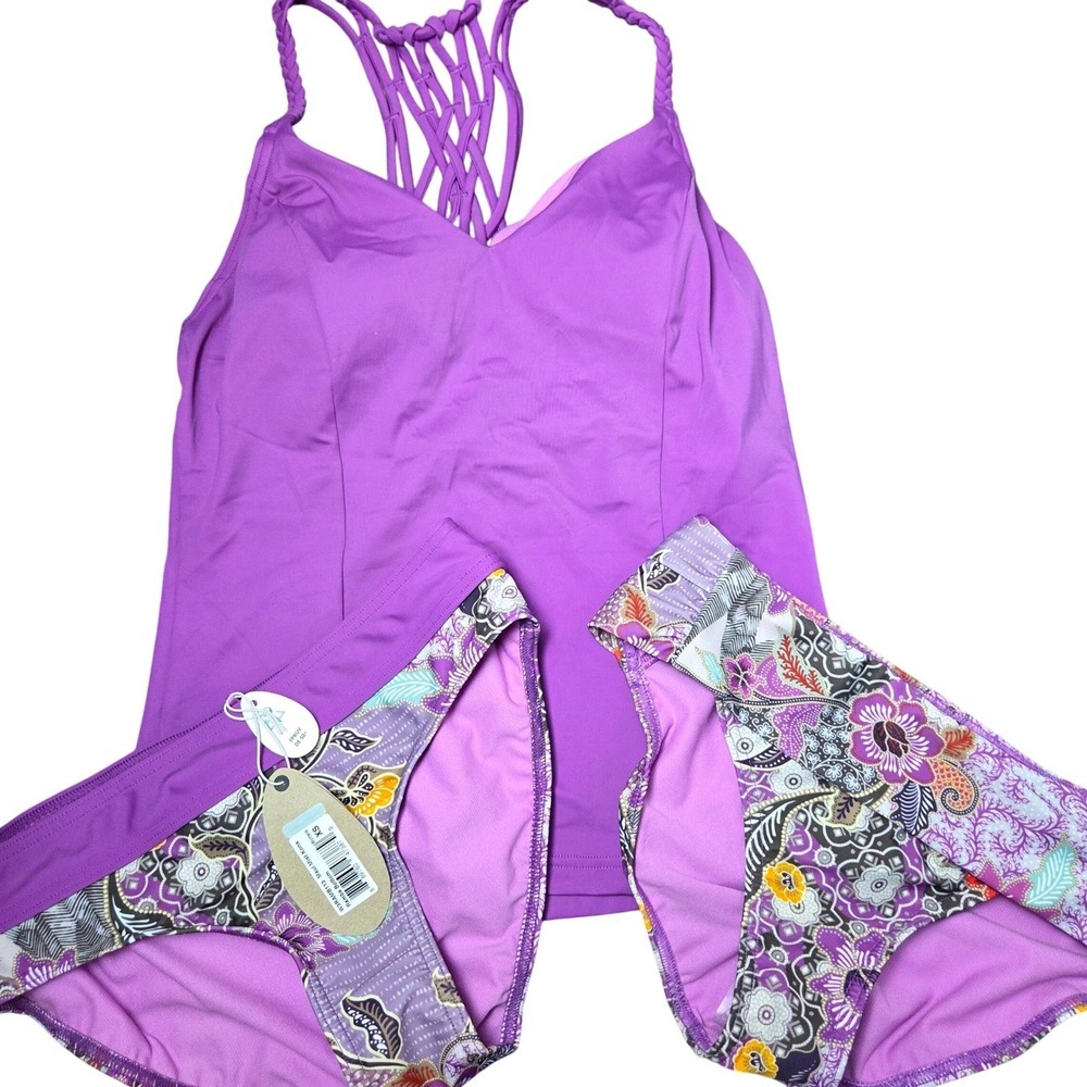 NWT prAna mix + match 3pc Tankini Swimsuit Set UPF 50 Strappy Back Floral Print